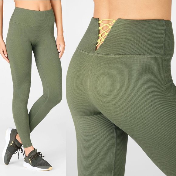 Fabletics Pants - Fabletics High Waisted Seamless Rib Leggings Corset Lace Up Back L Olive Green